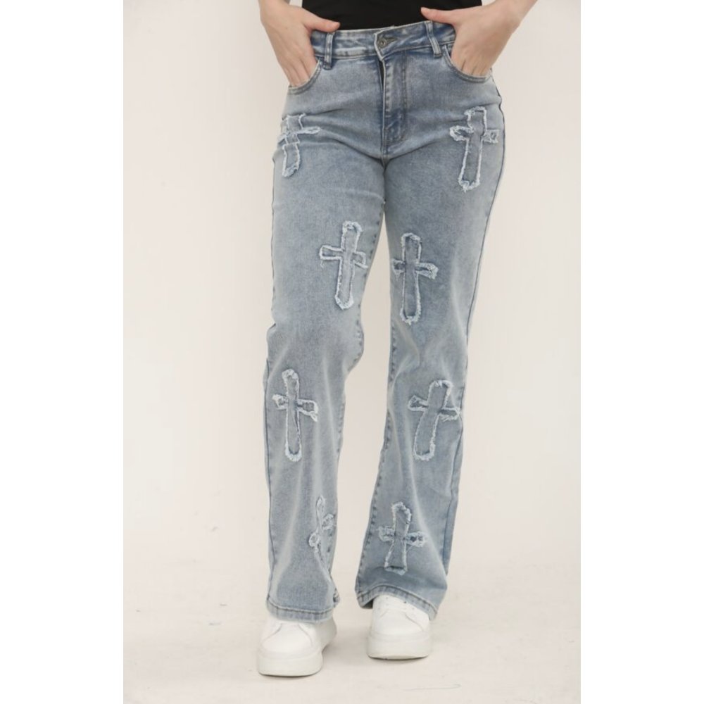 Blue Wide Leg Distressed Cross Patch Denim Jeans