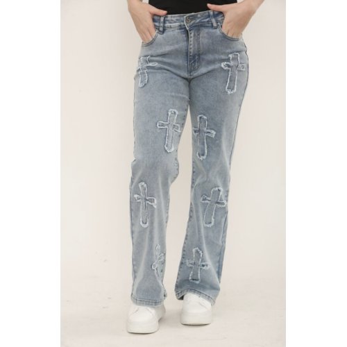 Blue Wide Leg Distressed Cross Patch Denim Jeans