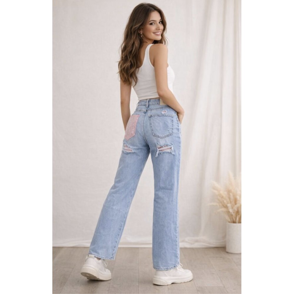 Blue Distressed Denim With Rhinestone Back Pocket Jean