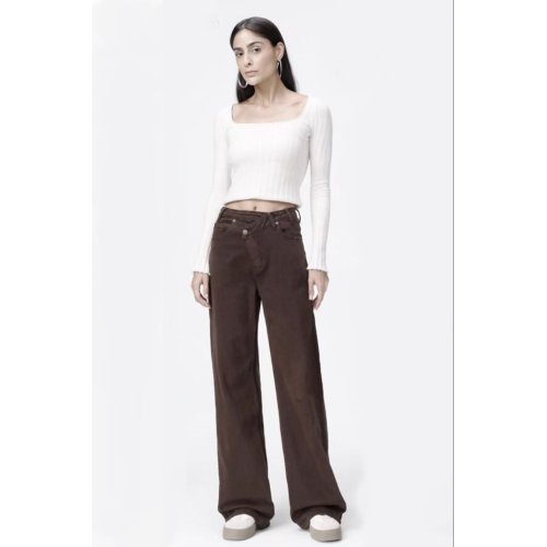 Brown High Asymmetric Waist Wide Leg Jeans