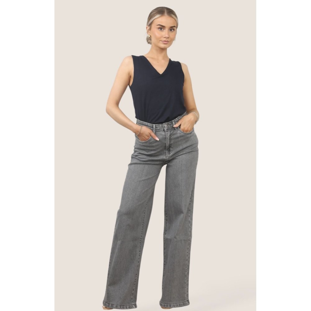 Grey High-Waisted Wide Leg Denim Jeans
