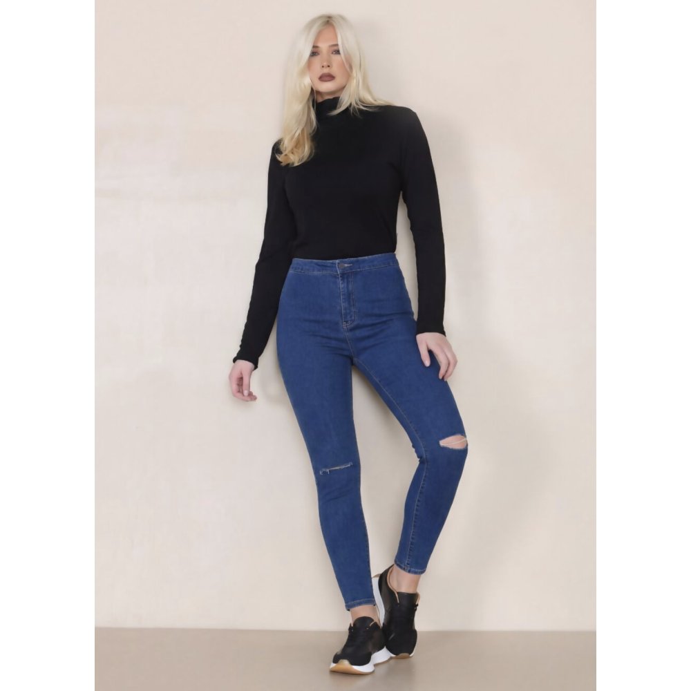 Blue High Waist Knee Ripped Skinny Jeans