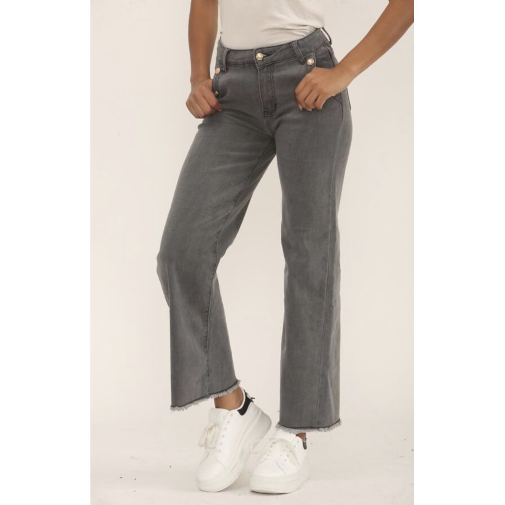 Grey Gold Button With Raw Hem Jeans
