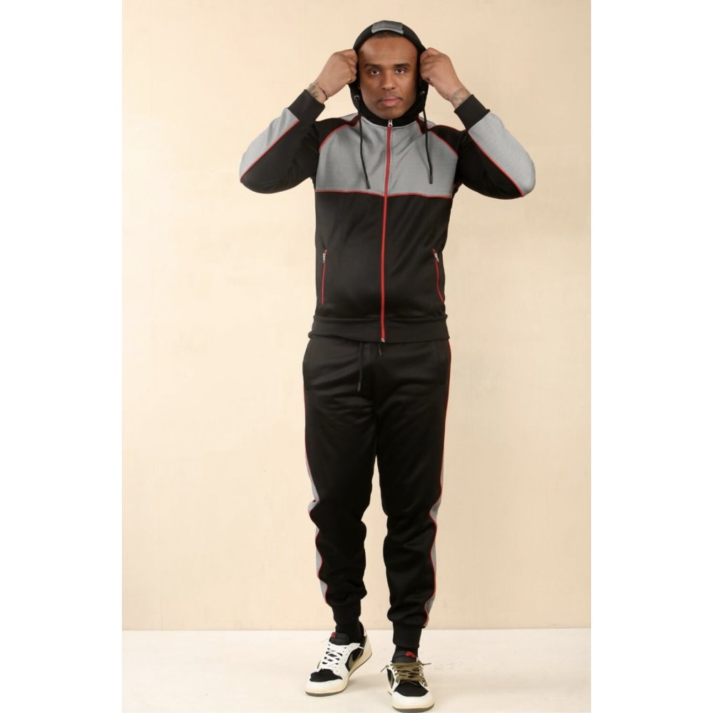 Black With Grey Cross Panel Zipped Full Tracksuit