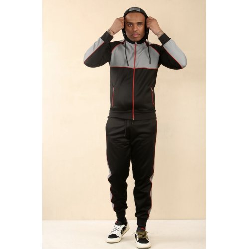 Black With Grey Cross Panel Zipped Full Tracksuit