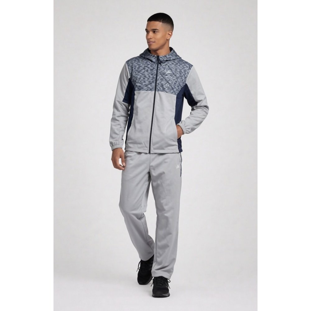 Silver Grey Colorblock Zip Front Hooded Jacket With Tapered Jogger Set