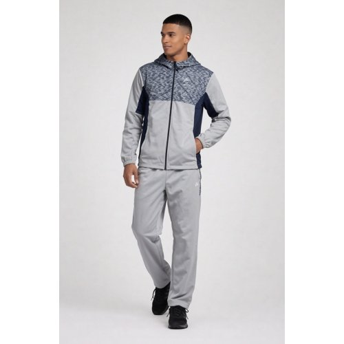 Silver Grey Colorblock Zip Front Hooded Jacket With Tapered Jogger Set