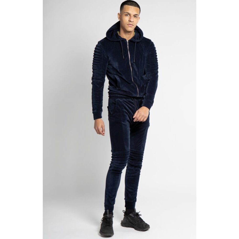 Navy Velvet Biker Ribbed Padding Skinny Fit Tracksuit