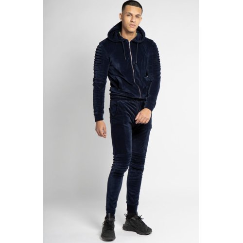 Navy Velvet Biker Ribbed Padding Skinny Fit Tracksuit