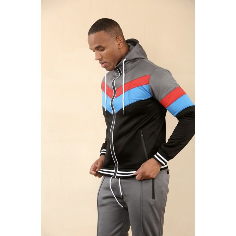 Slate Grey Colour Block Zip-Up Hooded Tracksuit