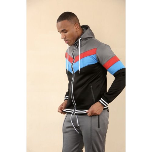 Slate Grey Colour Block Zip-Up Hooded Tracksuit