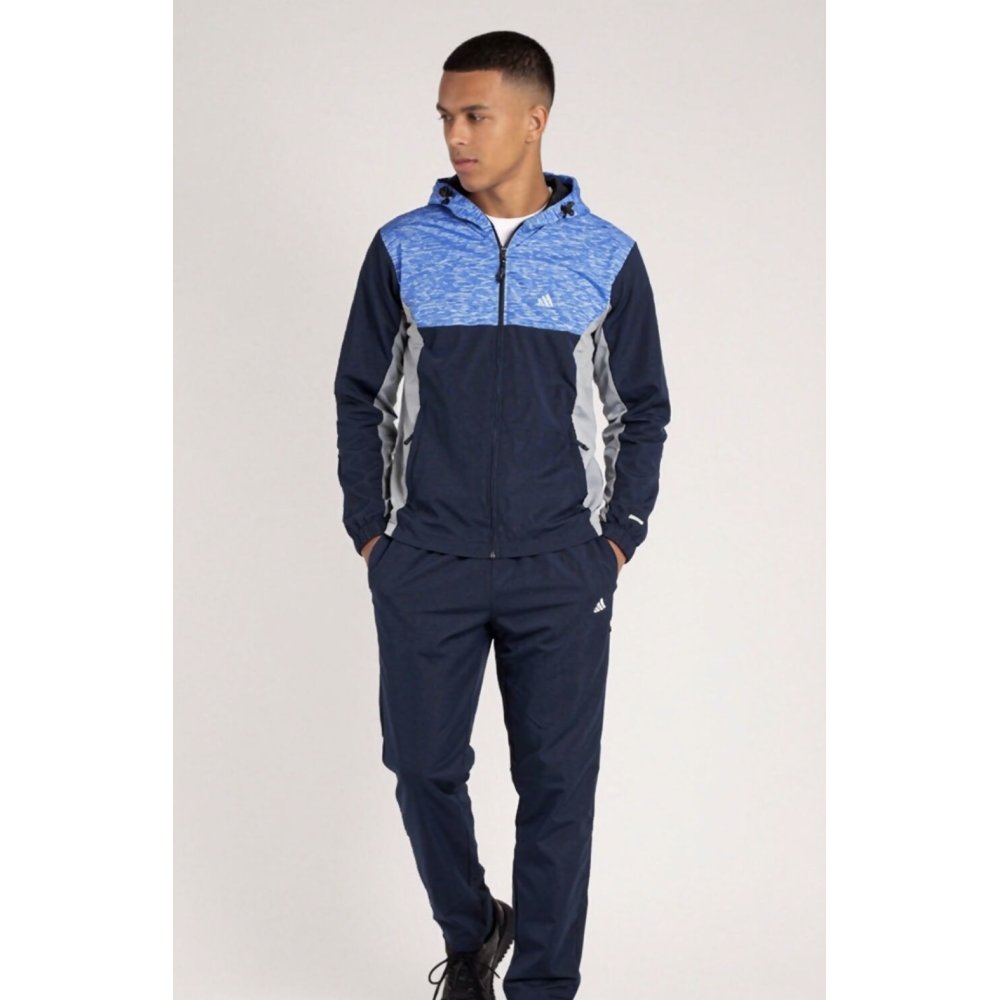 Navy Colorblock Zip Front Hooded Jacket With Tapered Jogger Set