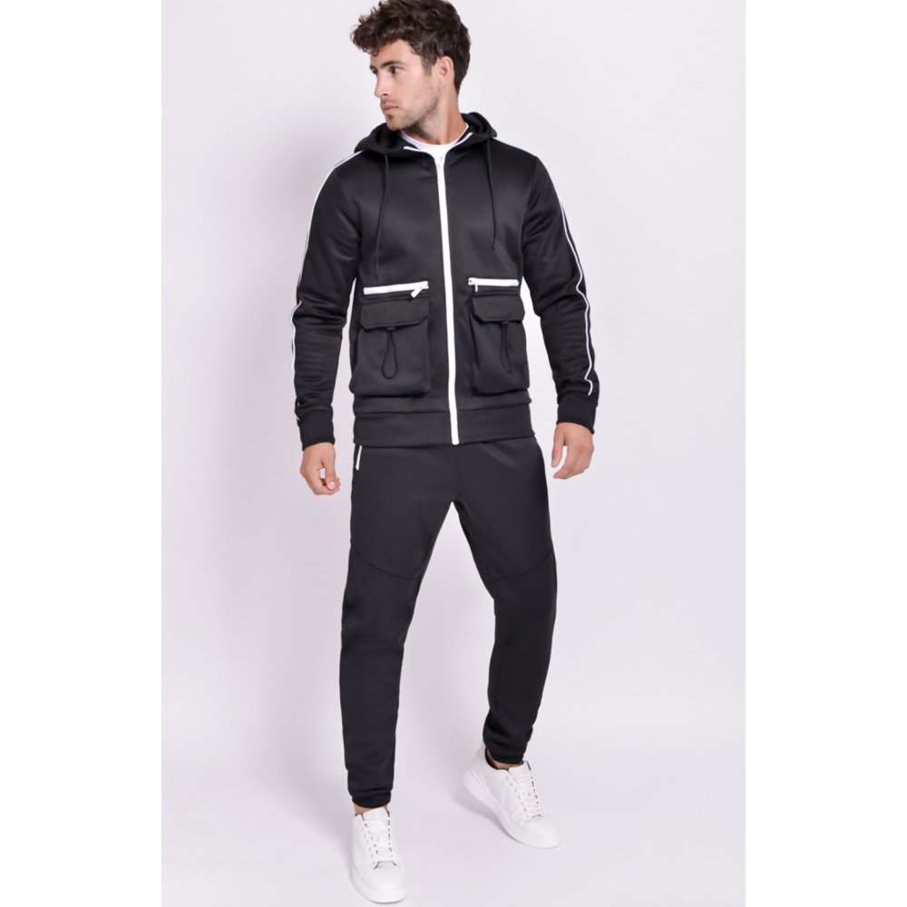 Black Contrast Zip Detail Cargo Skinny Tracksuit