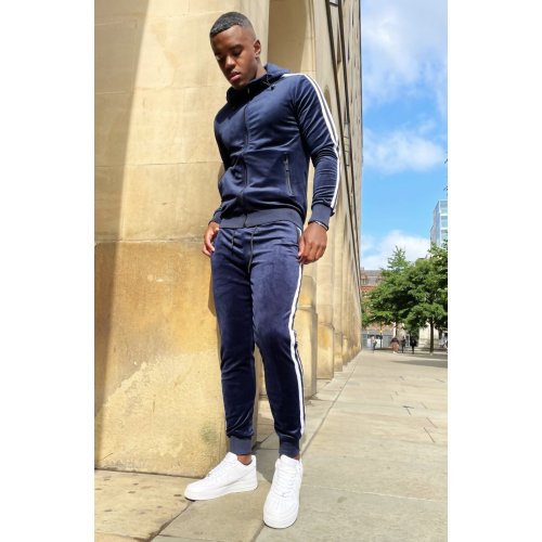 Navy Velvet Twin Side Stripe Hooded Skinny Tracksuit thumbnail