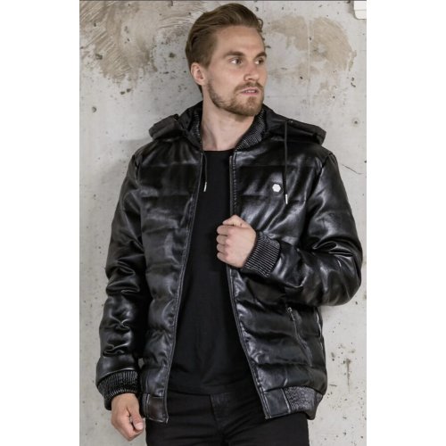 Black Pu Bubble Jacket With Detachable Hood