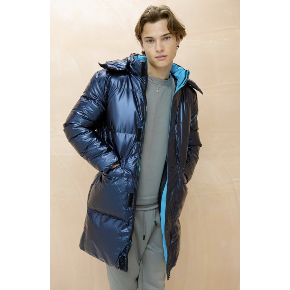 Navy Longline Shiny Puffer Jacket