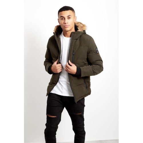 Khaki Contrast Faux Fur Hood Trim Padded Jacket thumbnail