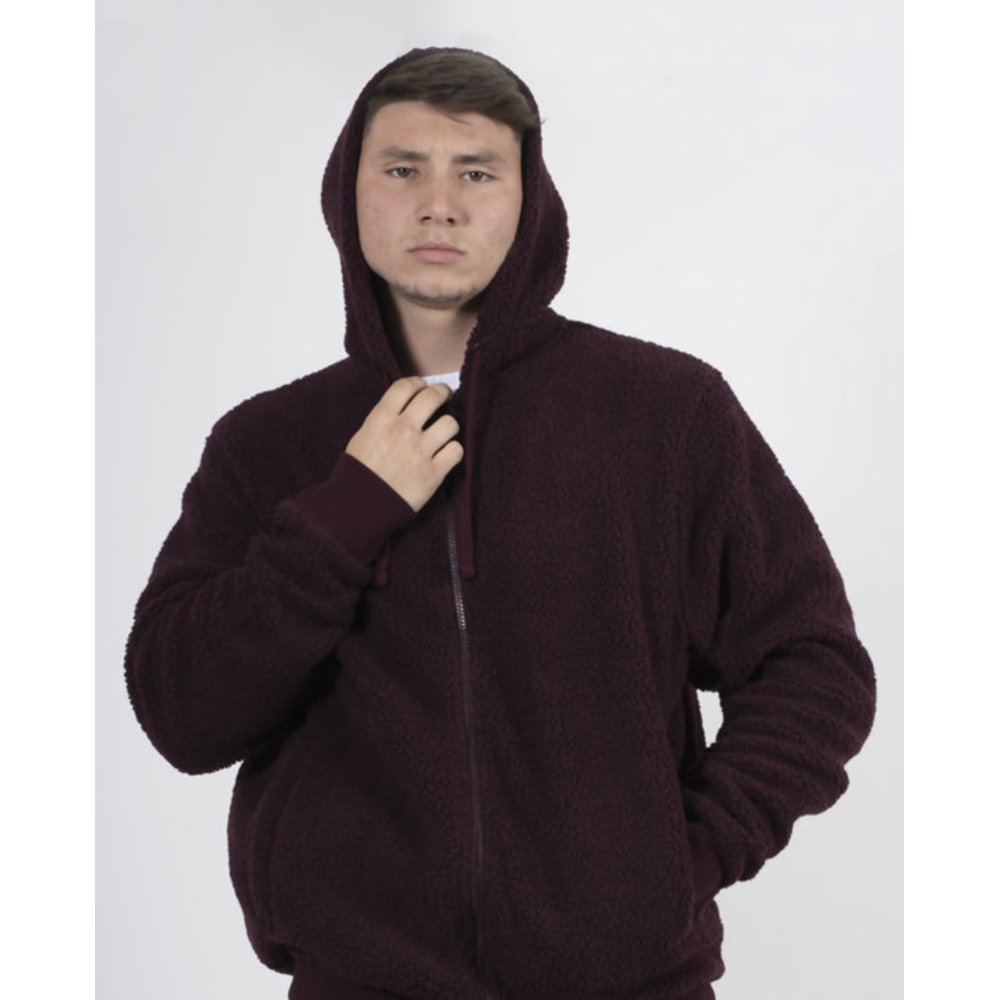 Wine Zip Through Hooded Teddy Jacket