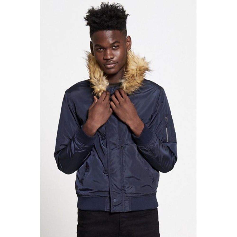 Navy Fleece Lined Fur Hood Bomber Jacket