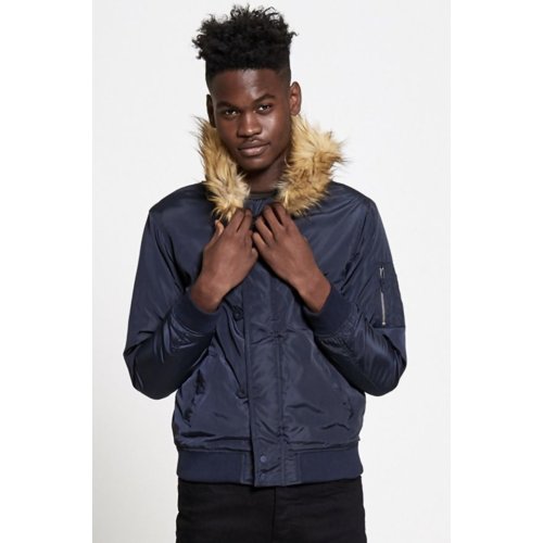 Navy Fleece Lined Fur Hood Bomber Jacket