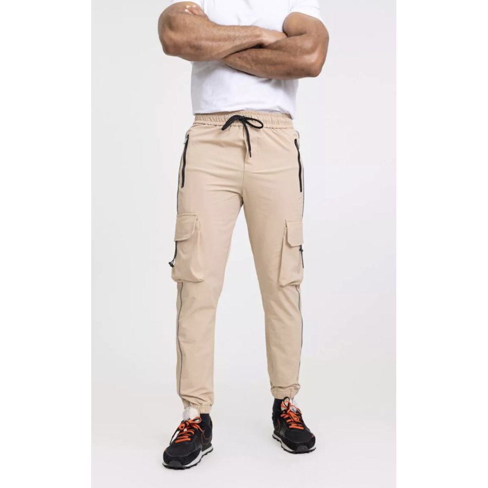 Beige Reflective Piped Shell Cargo Jogger
