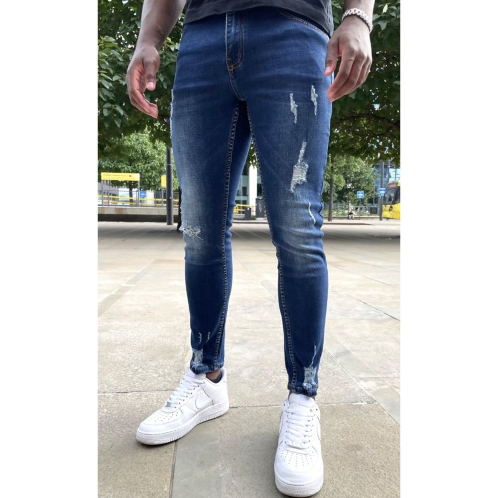 Mid Blue Wash Super Skinny Ripped Jeans