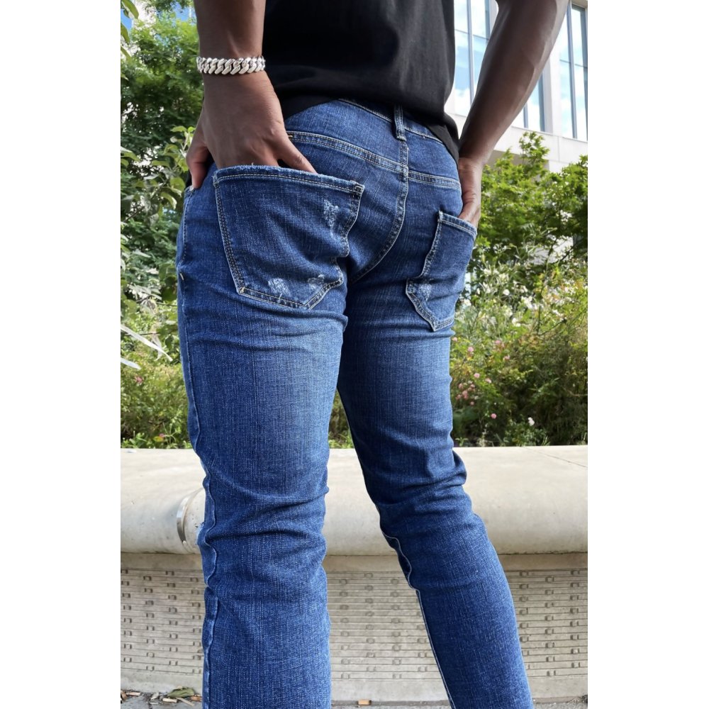 Mid Blue Wash Skinny Knee Patched Jeans