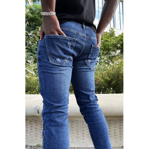 Mid Blue Wash Skinny Knee Patched Jeans