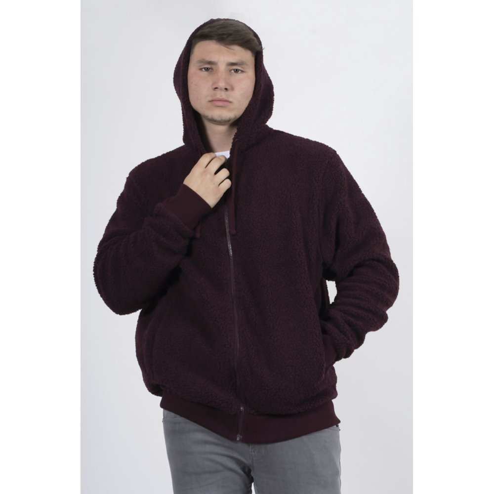 Wine Zip Through Hooded Teddy Jacket