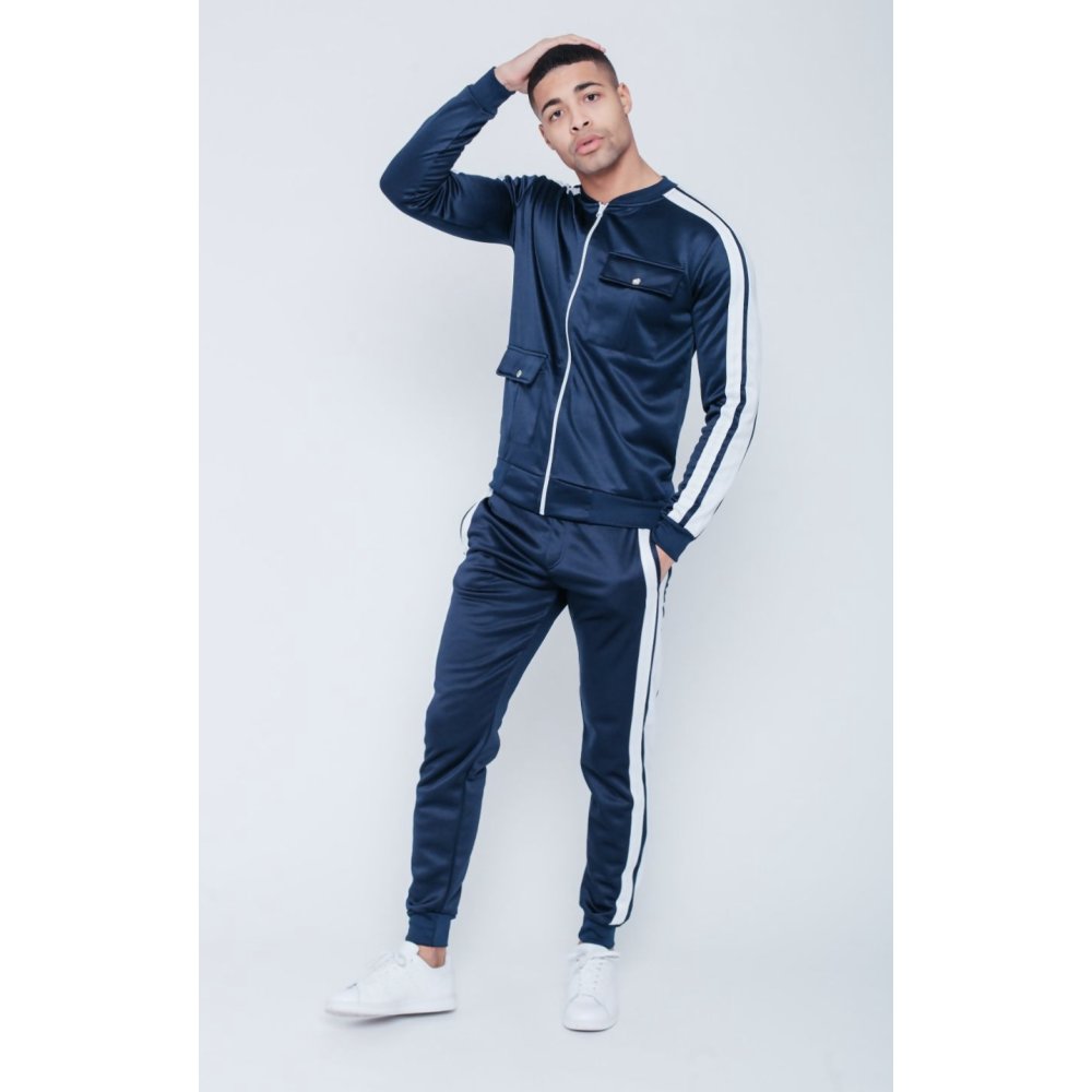 Blue with White Tape Zip Up Tracksuit
