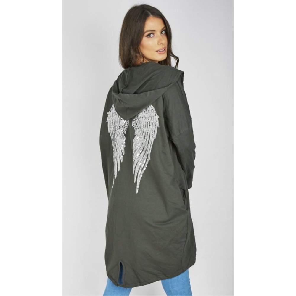Khaki Sequin Angel Wing Hooded Cardigan