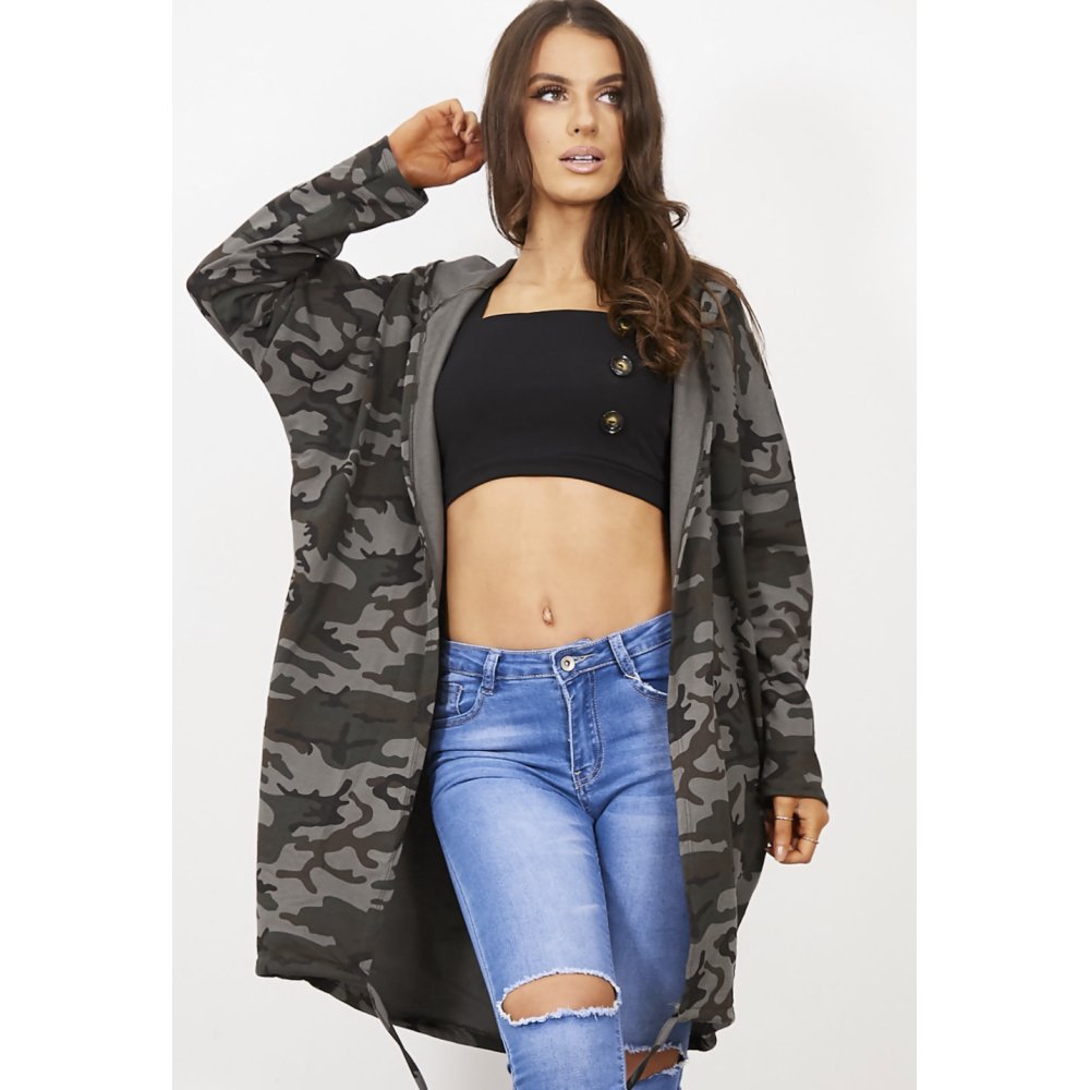 Khaki Camo Sequin Angel Wing Hooded Cardigan