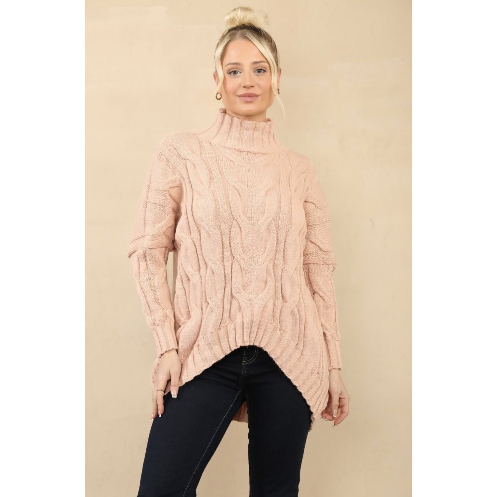 Drop Shoulder Chunky Cable Knit Roll Neck Jumper