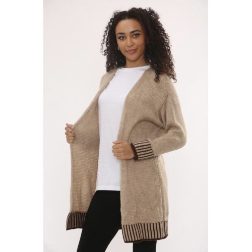 Casual Open Front Striped Details Mid Length Wool Cardigan thumbnail