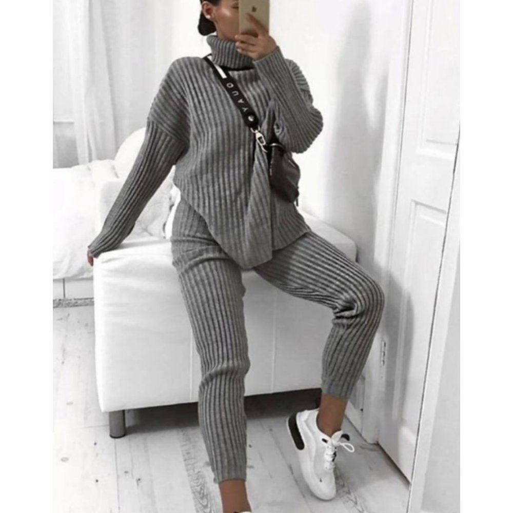 Rib Knit Roll Neck Oversized Lounge Set
