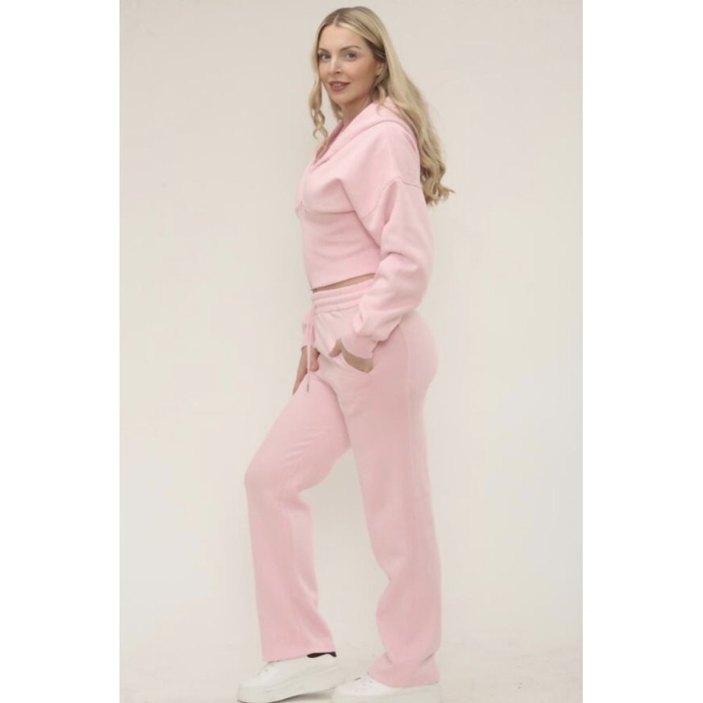 Pink Ribbed Corset Fit Hoodie With Straight Leg Trouser