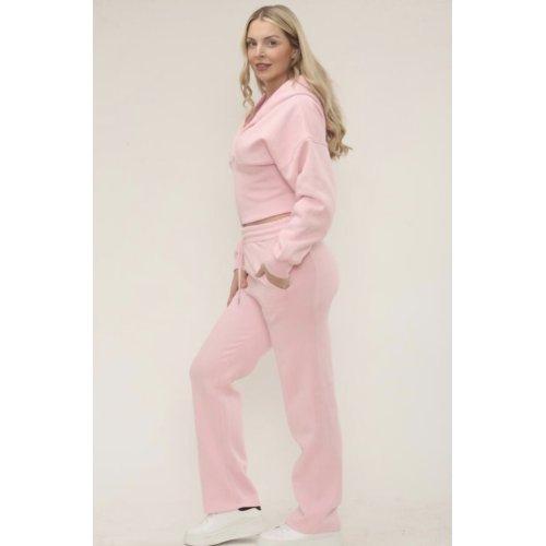 Pink Ribbed Corset Fit Hoodie With Straight Leg Trouser