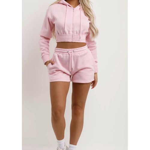 Baby Pink Cropped Zipped Hoodie And Short Co-Ords Set thumbnail