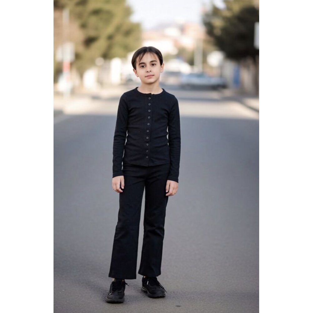 Black Kids Ribbed Molly Button Through Top and Wide Leg Trousers