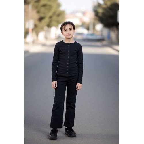 Black Kids Ribbed Molly Button Through Top and Wide Leg Trousers