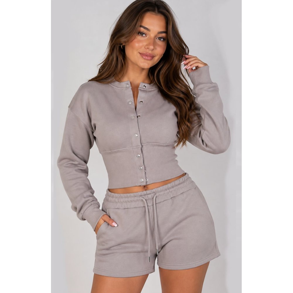 Dove Grey Snap Buttons Corset Fit Sweatshirt With Short Co-Ord Set