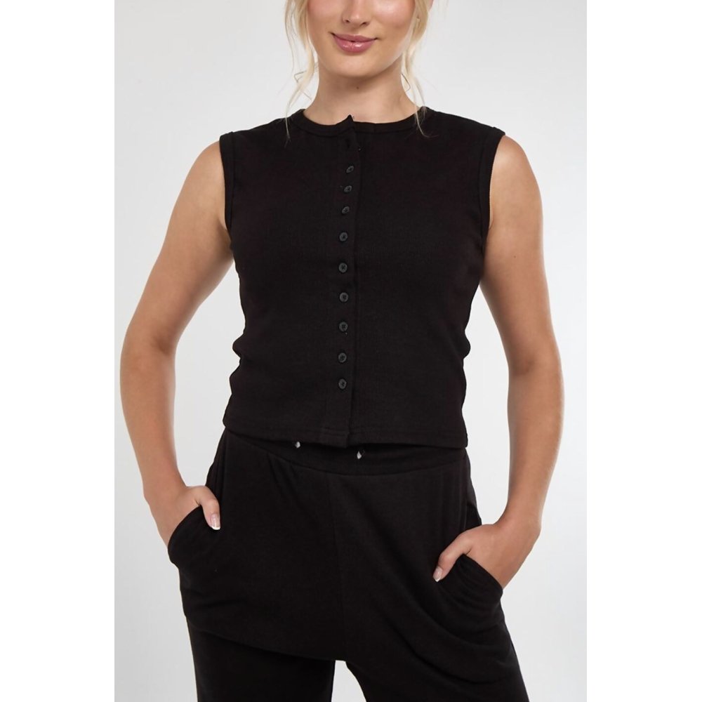 Black Ribbed Sleeveless Button Up Top With Wide Leg Trouser