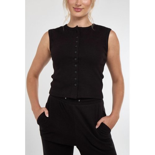 Black Ribbed Sleeveless Button Up Top With Wide Leg Trouser