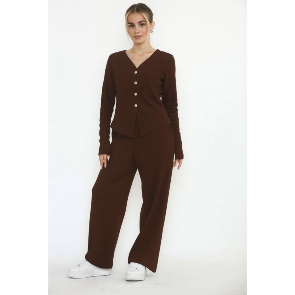 Chocolate Soft Ribbed Buttoned Cardigan With Wide Leg Trouser