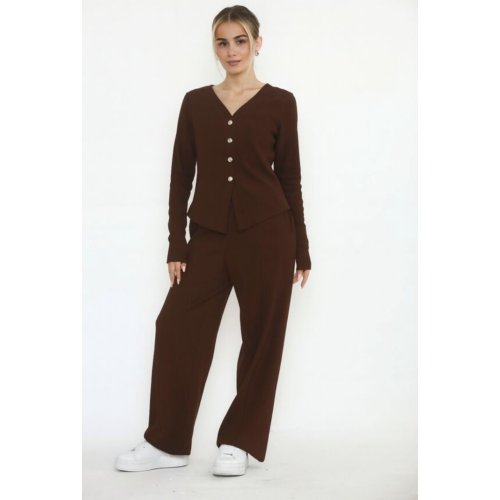 Chocolate Soft Ribbed Buttoned Cardigan With Wide Leg Trouser