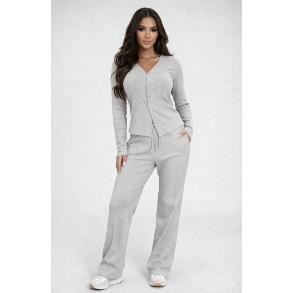 Dove Grey Soft Ribbed Buttoned Cardigan With Wide Leg Trouser