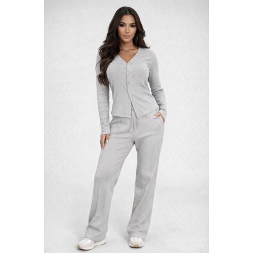 Dove Grey Soft Ribbed Buttoned Cardigan With Wide Leg Trouser