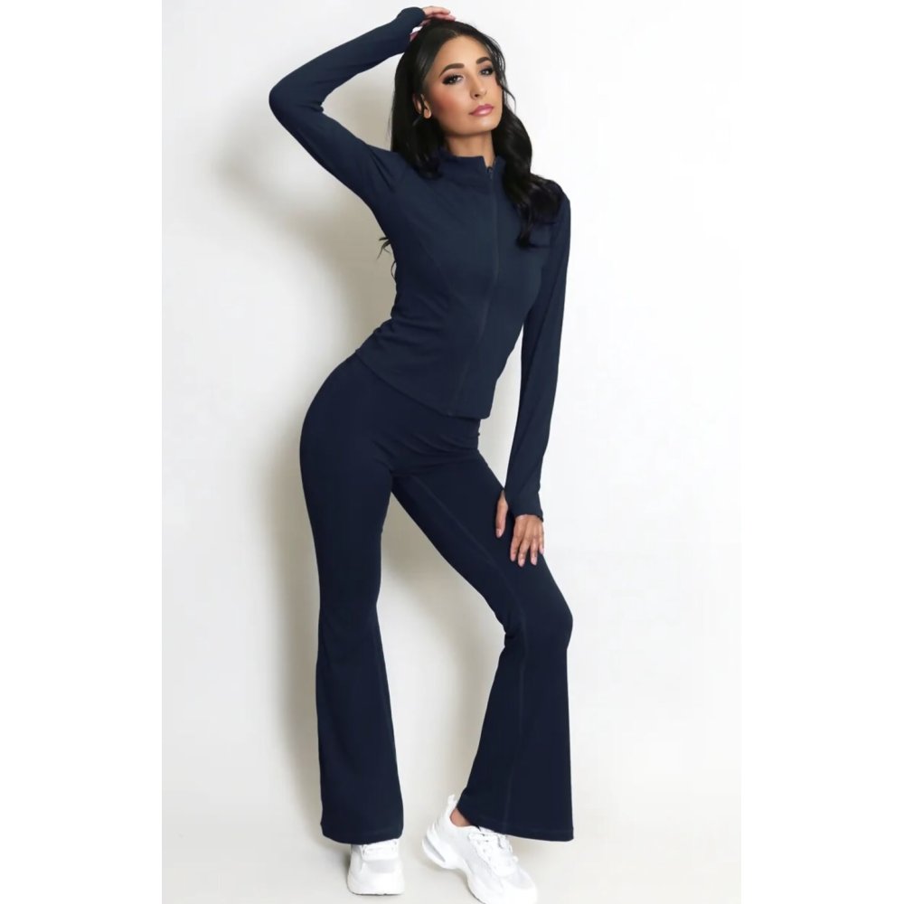 Navy Active Zipped Jacket With Scrunch Bum Flare Trouser