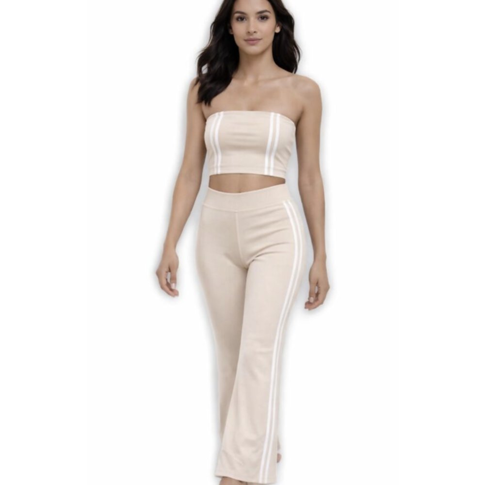 Beige Strapless Cropped Top With Side Striped Flare Trouser