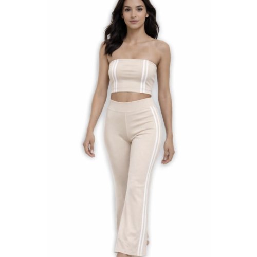 Beige Strapless Cropped Top With Side Striped Flare Trouser